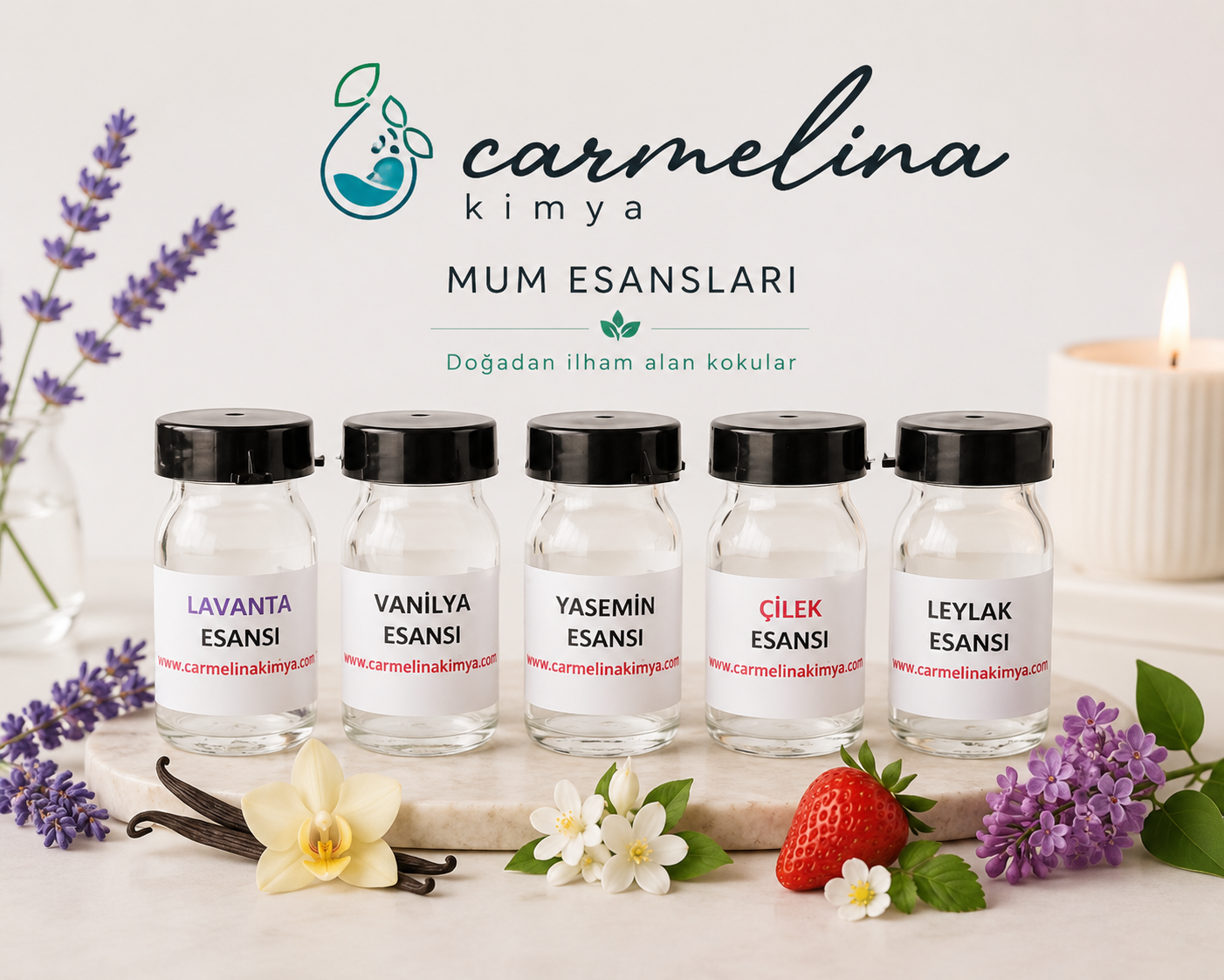 Mum Esansı 5'li Paket(Yasemin- leylak-Lavanta- Vanilya- Çilek Esansları)