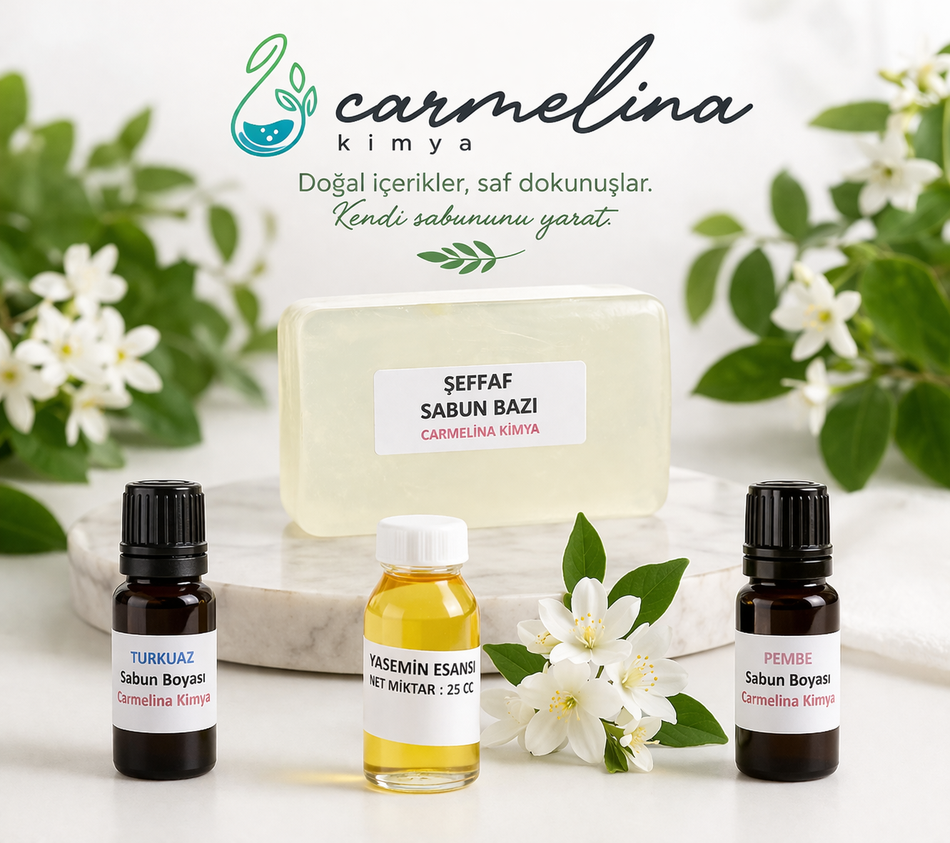 Seffaf Sabun Bazı-Yasemin Esansi, Turkuaz Ve Pembe Sabun Boyası