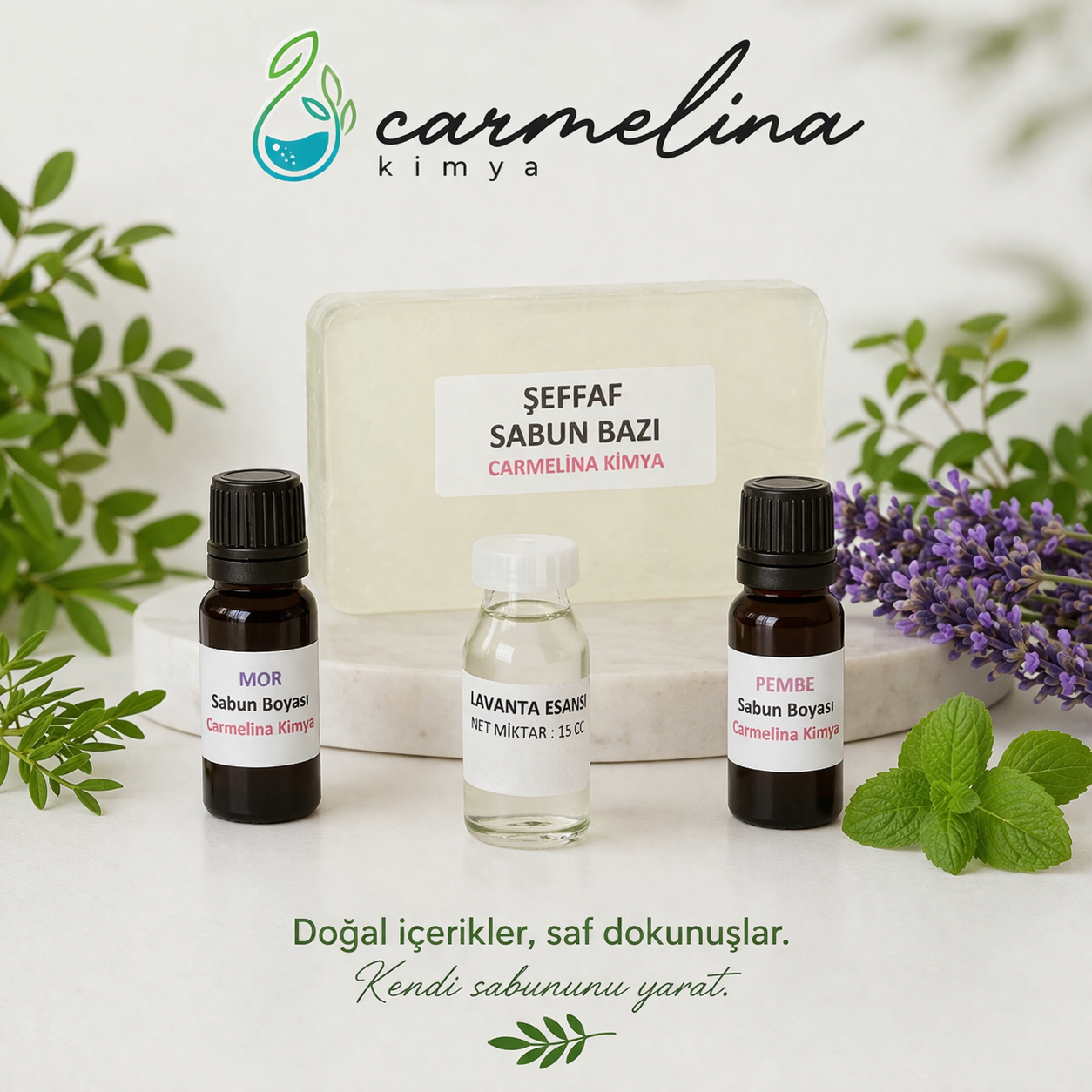 1kg Şeffaf Sabun Bazı, Pembe-Mor sabun boyası ve Lavanta Esansı