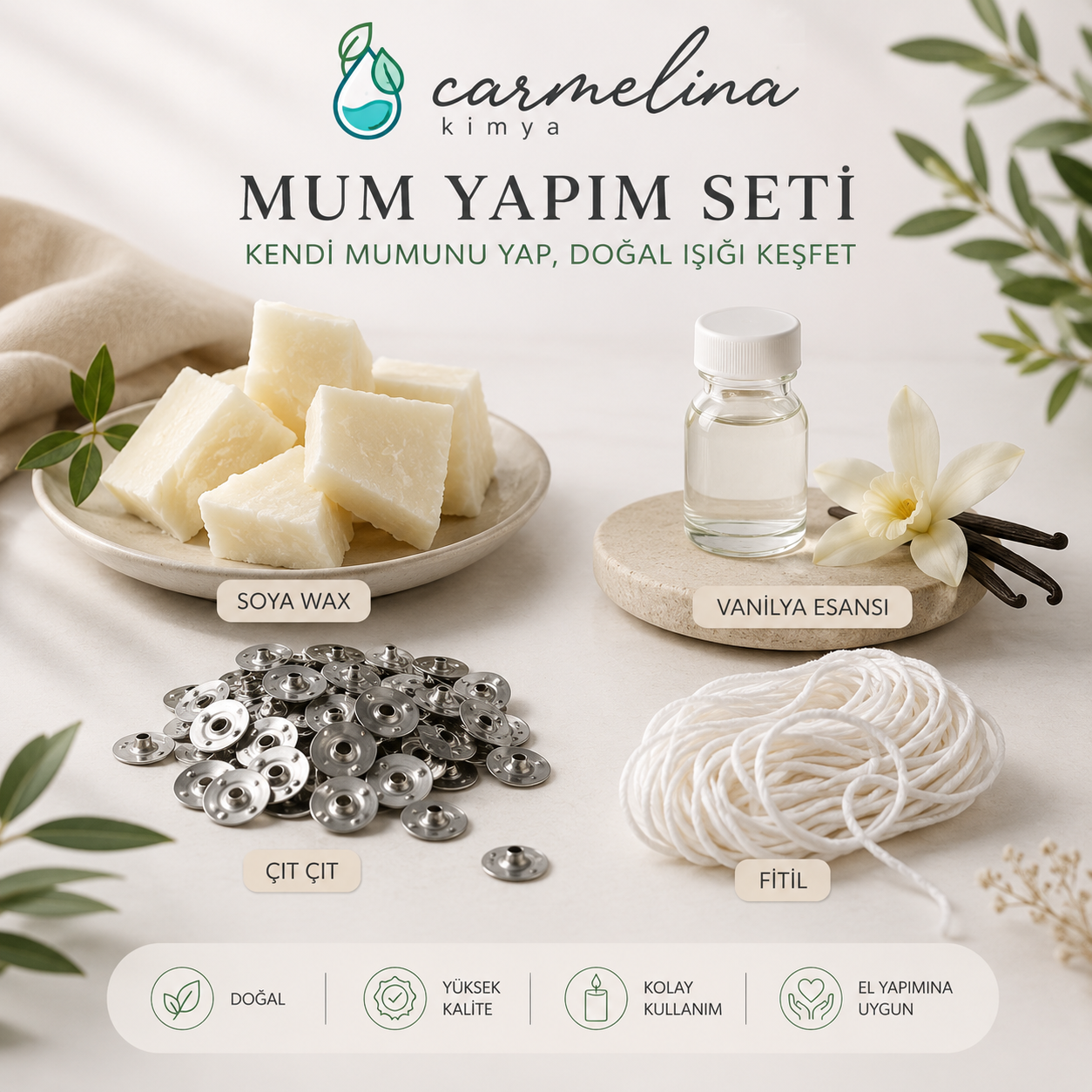 Mum Yapım Seti; 1kg Soya Wax-Vanilya Esansı-2mt Fitil-10 adet Çıt çıt