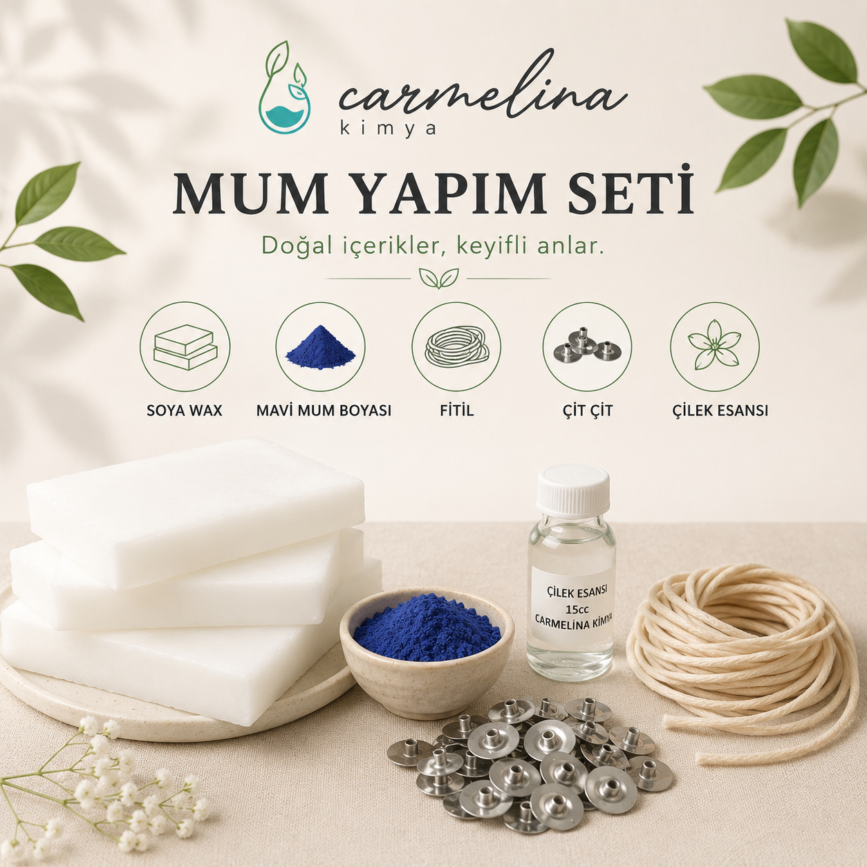 Başlangıç Mum Seti- 1kg Soya Wax-Çilek Esansı-Mavi Mum Boyası-2mt Fitil-10 adet Çıt Çıt